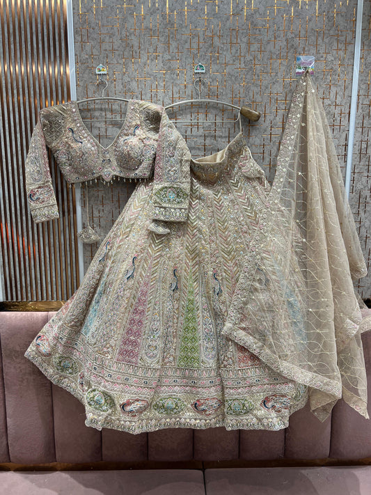 Eye Catching Beige golden peacock Ready to wear crop top Lehenga