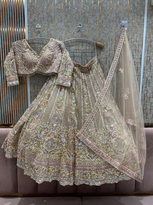 Beige Chiku golden net Crop top Lehenga