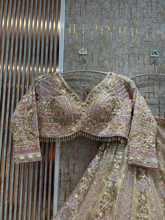 Beige Chiku golden net Crop top Lehenga