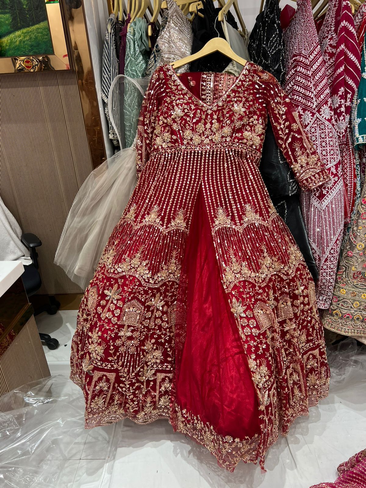 Fabulous Olive green peplum long Dress Farshi Gaharara Dress Special