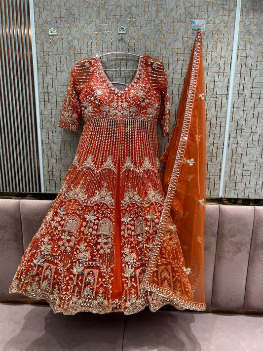 Awesome Orange peplum long Dress Farshi Gaharara Dress Special