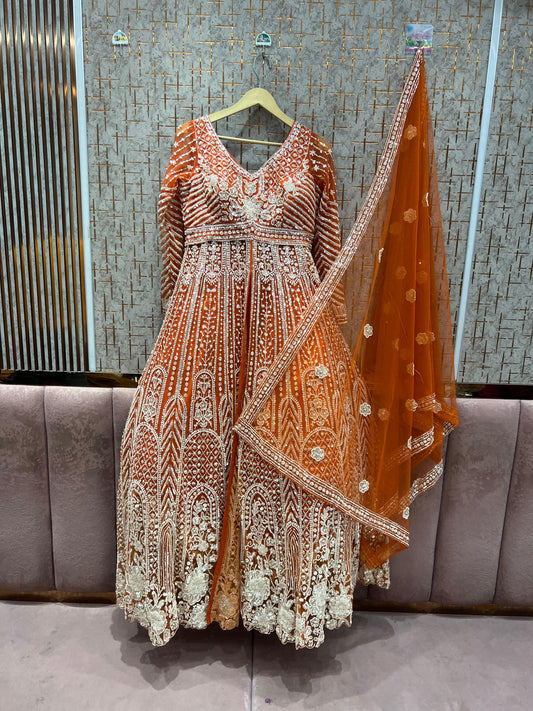 Charming Rust Orange peplum long Dress Farshi Gaharara Dress Special