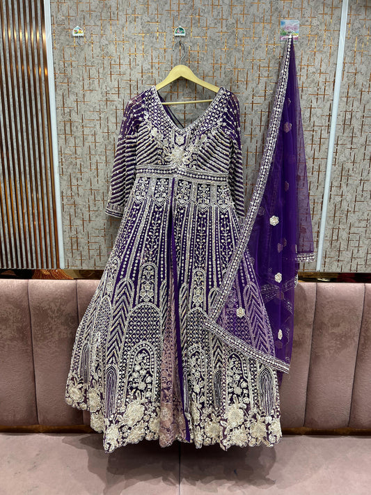 Pleasing Purple peplum long Dress Farshi Gaharara Dress Special