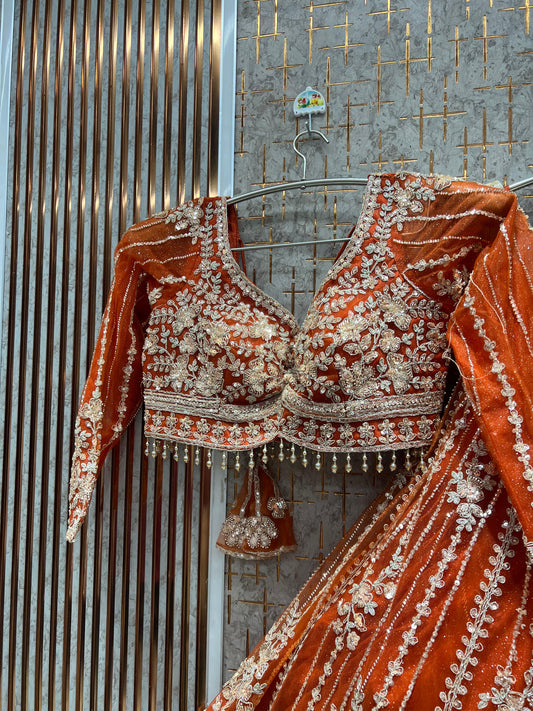 Pretty Orange Ready to wear Crop Top Lehenga