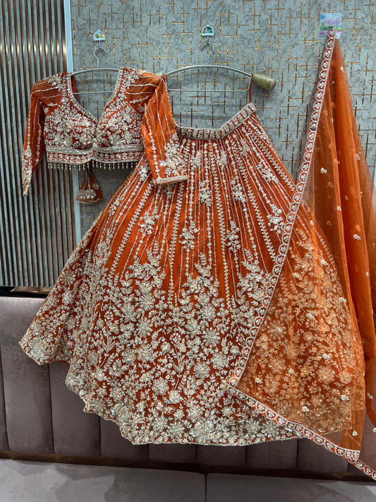 Pretty Orange Ready to wear Crop Top Lehenga