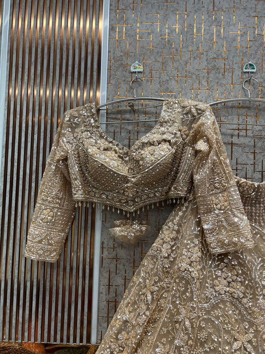 Majestic light Beige Crop Top Lehenga