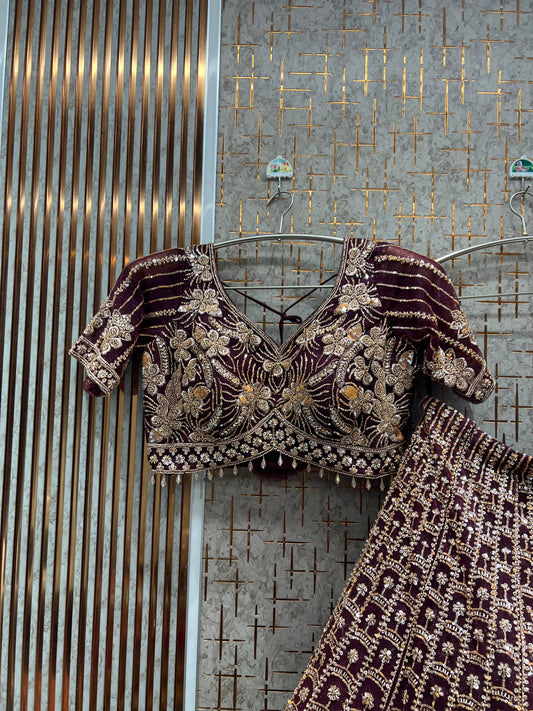 Tremendous Maroon Crop Top Lehenga