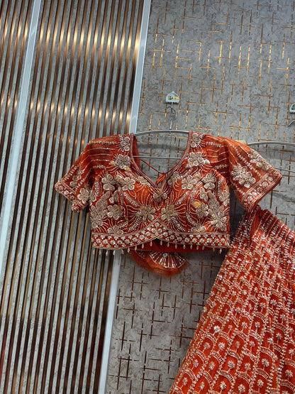 Good looking Rust Orange Crop Top Lehenga