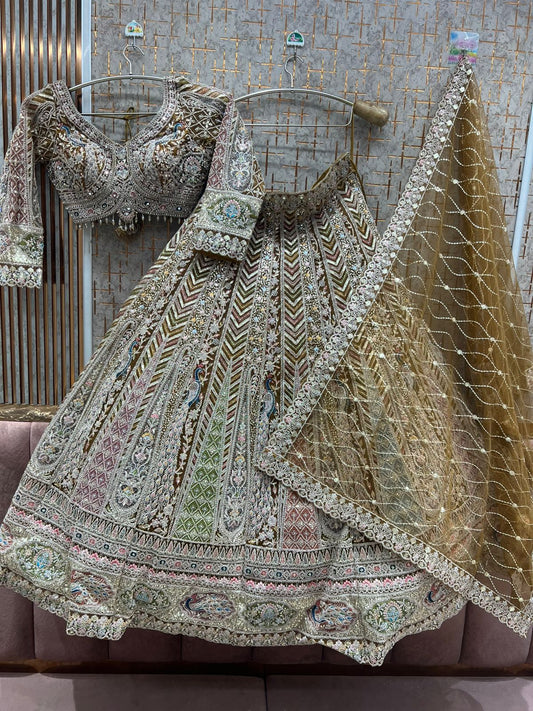 Mustard peacock crop top Lehenga