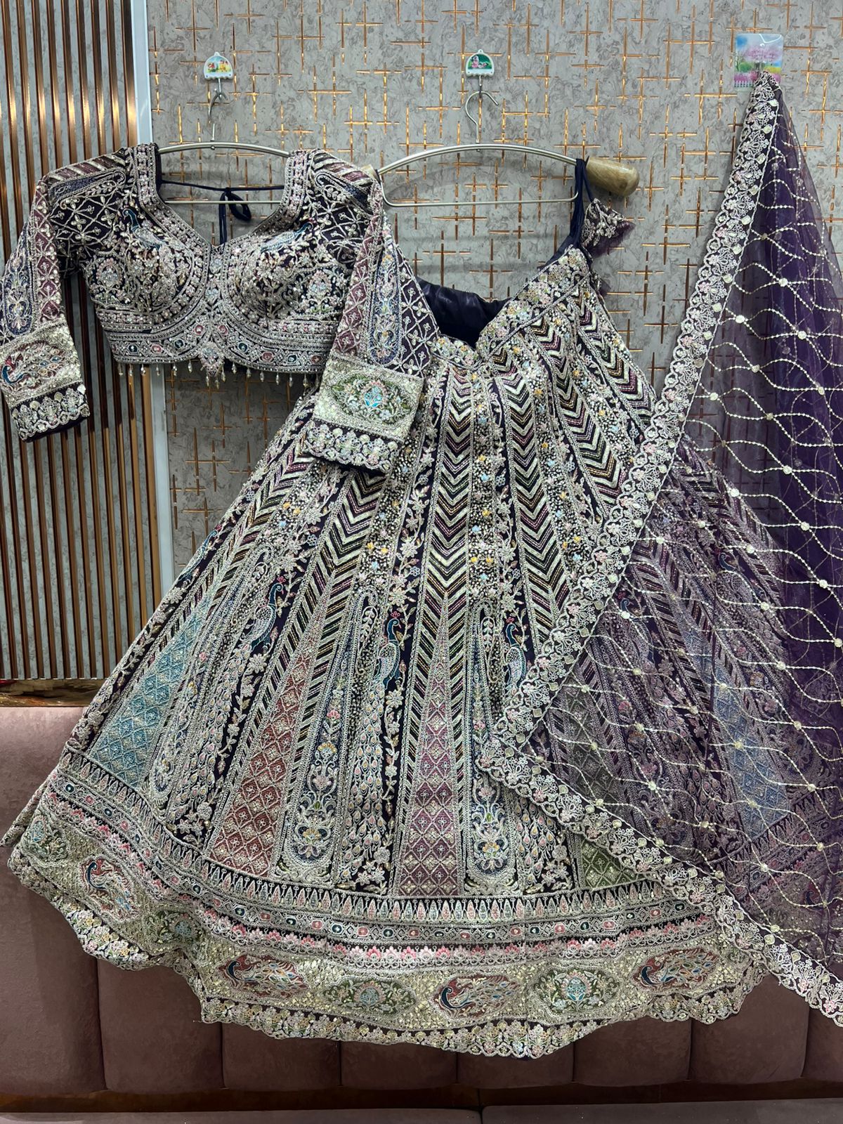 Purple peacock crop top Lehenga