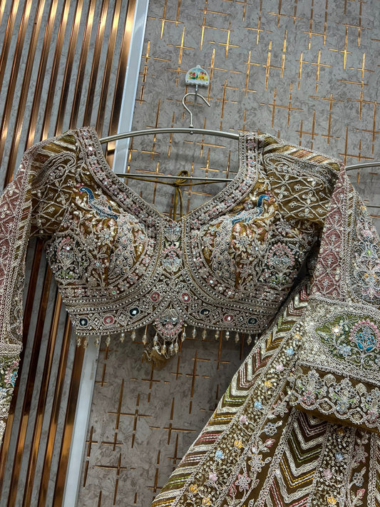 Mustard peacock crop top Lehenga