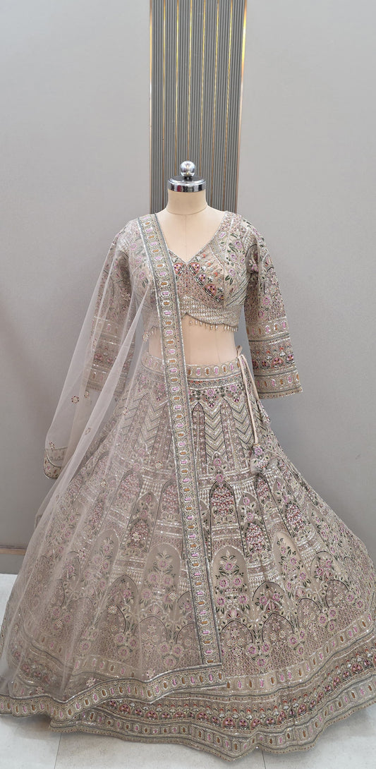 Big flare Designer beige golden Crop Top Lehenga