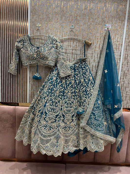 Beads work Designer blue Crop Top Lehenga