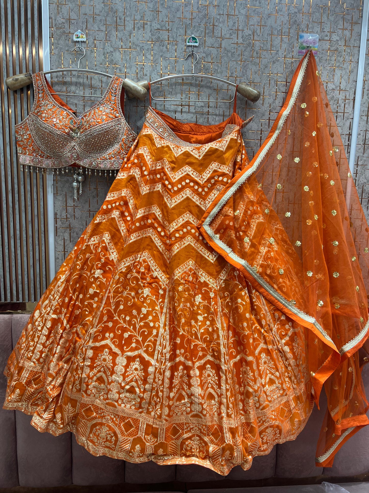 Rust Orange Banarasi Crop Top Lehenga