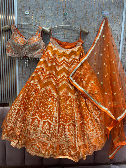 Rust Orange Banarasi Crop Top Lehenga