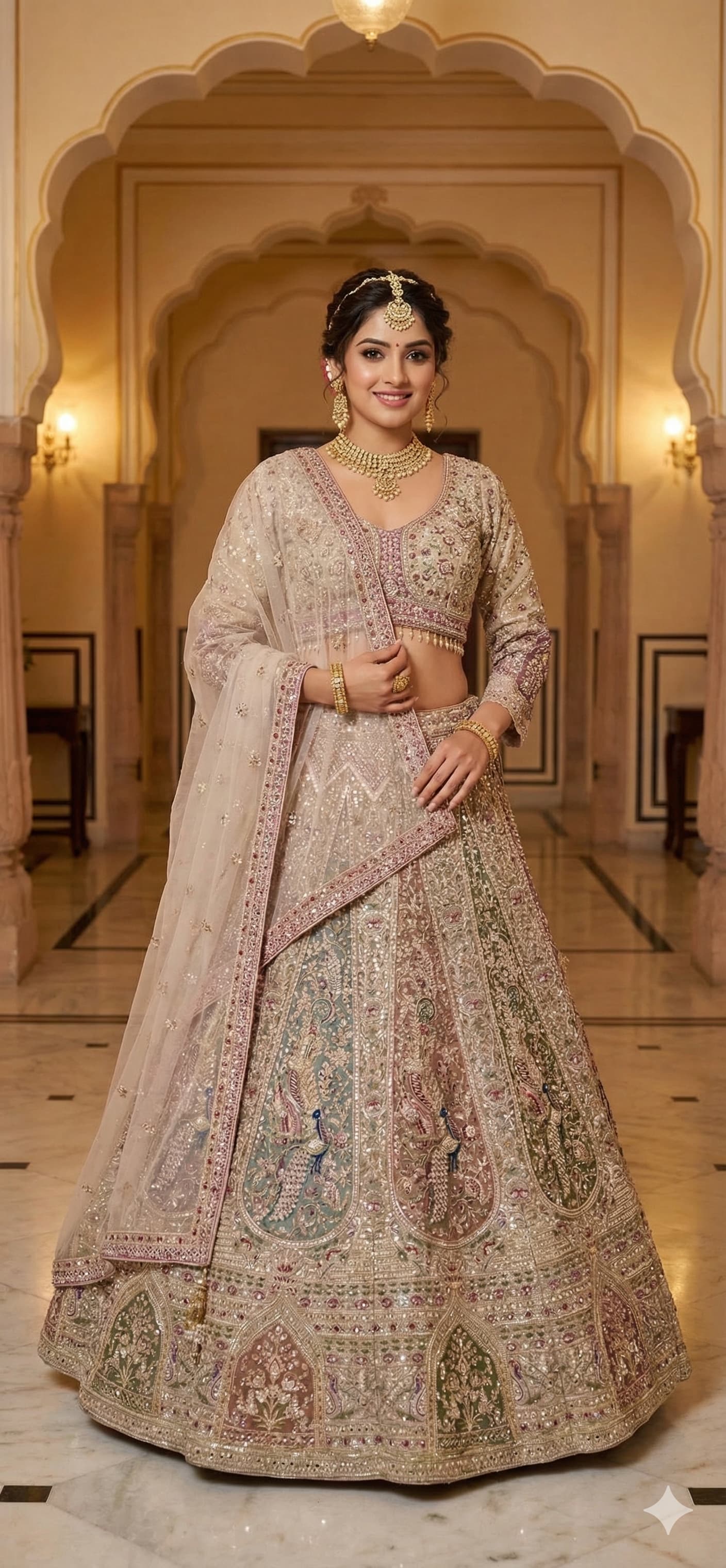 (Copy) Peacock Beige golden pink crop top Lehenga - Shopping World