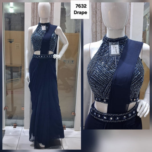 Dark Blue Hot pink Black Blue White drape saree dress