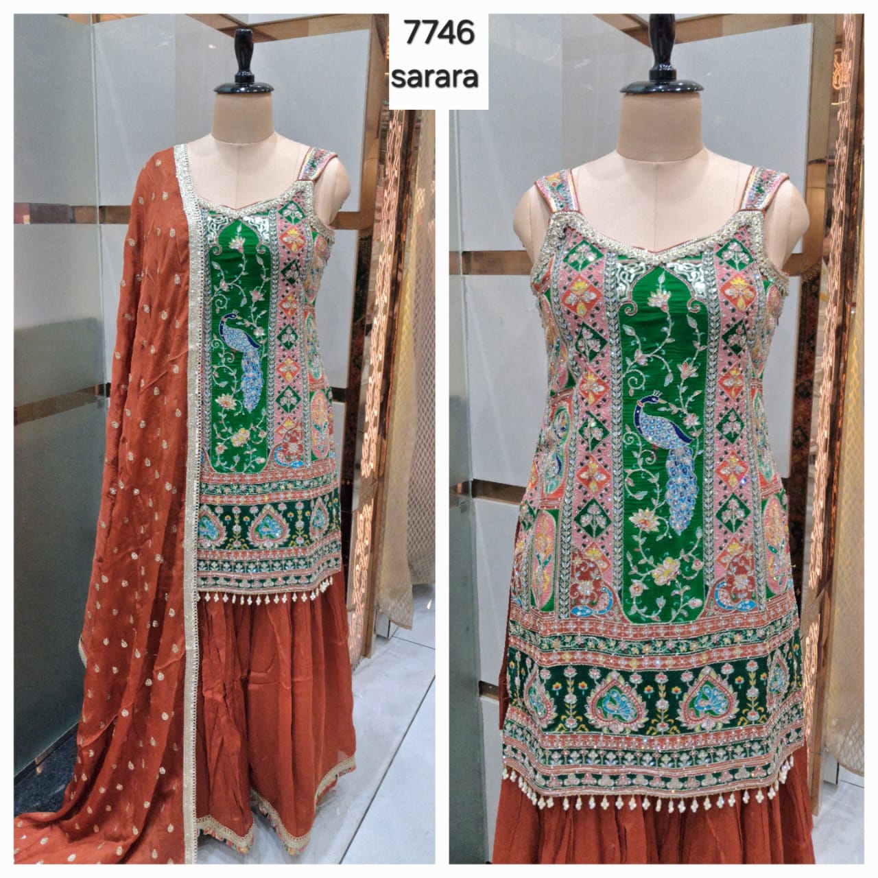 Green Orange drape saree dress