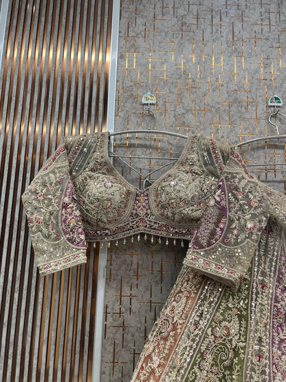 Golden Green Pink peacock Crop Top Lehenga - Shopping World