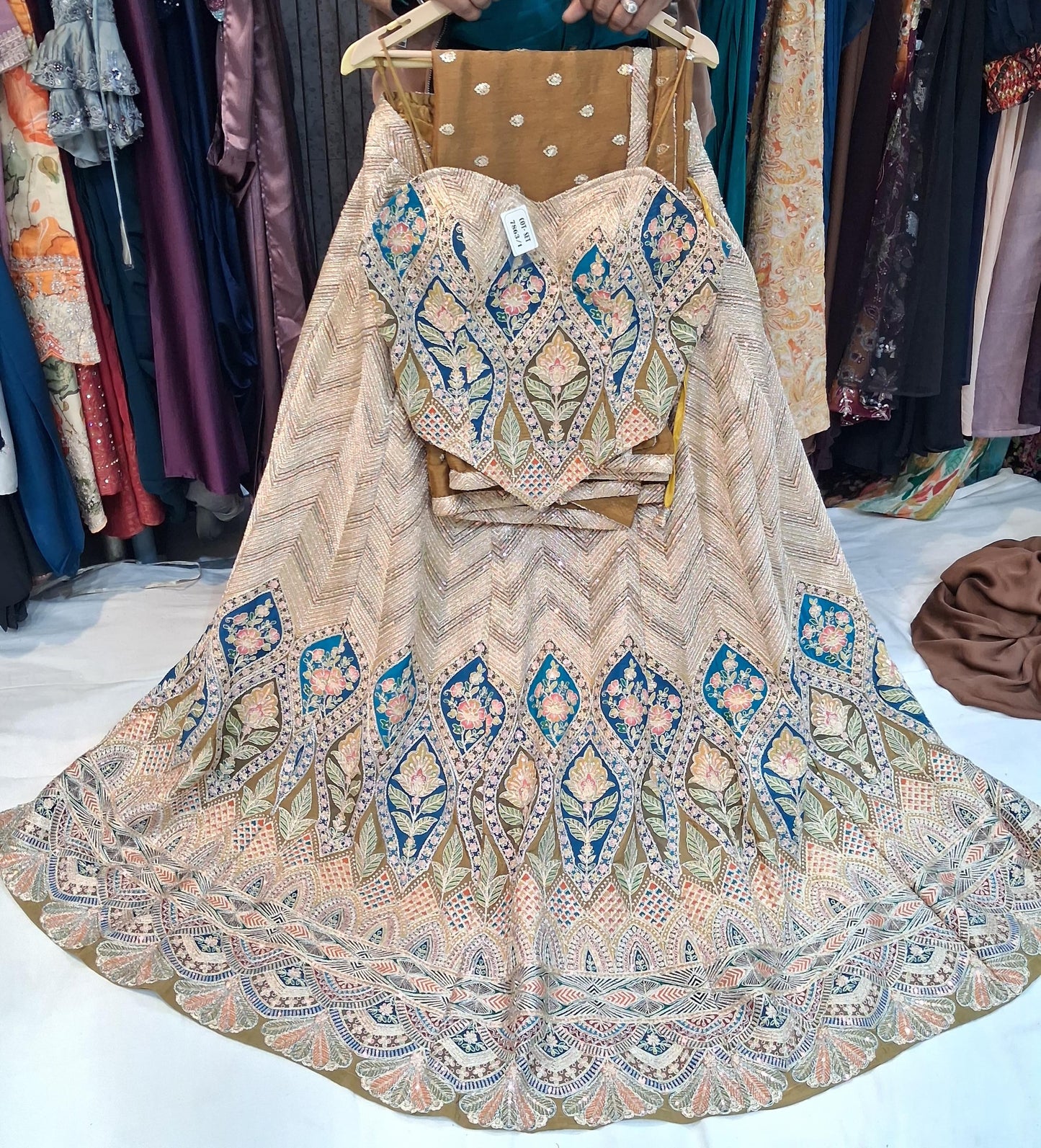 Black Green Mustard Crop Top Lehenga