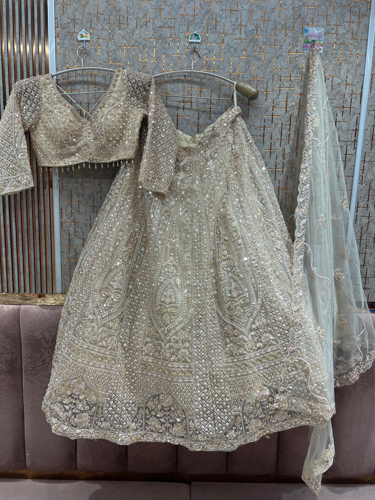 Heavy beige golden Net crop top Lehenga - Shopping World
