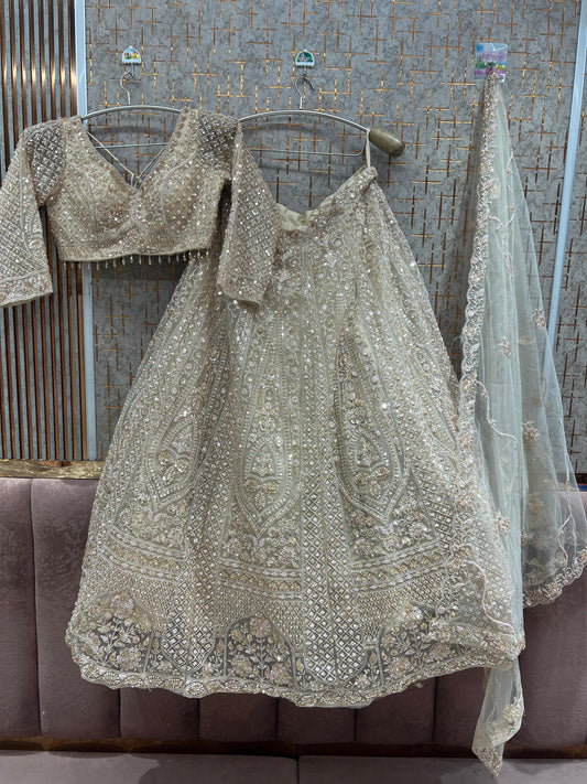 Heavy beige golden Net crop top Lehenga - Shopping World