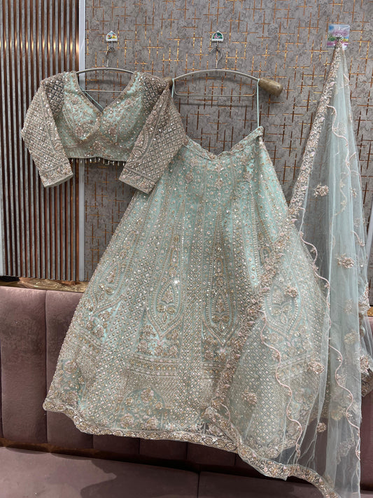 Heavy beige golden Net crop top Lehenga - Shopping World