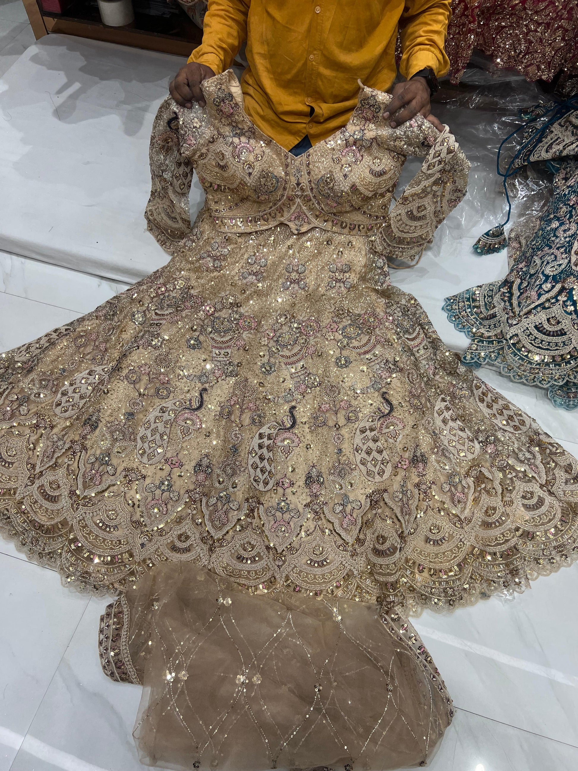 Green peacock crop top Mehendi Lehenga - Shopping World