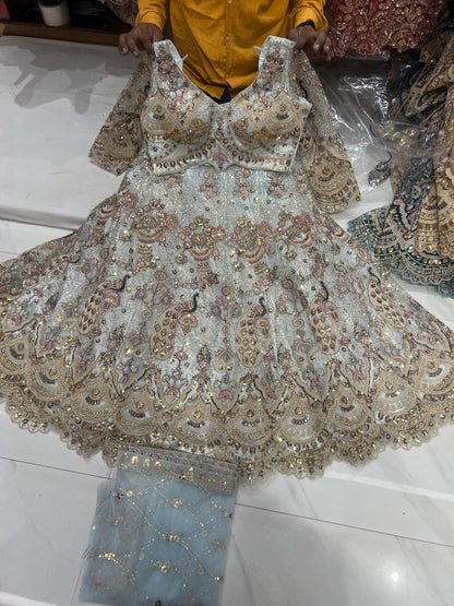 Green peacock crop top Mehendi Lehenga - Shopping World