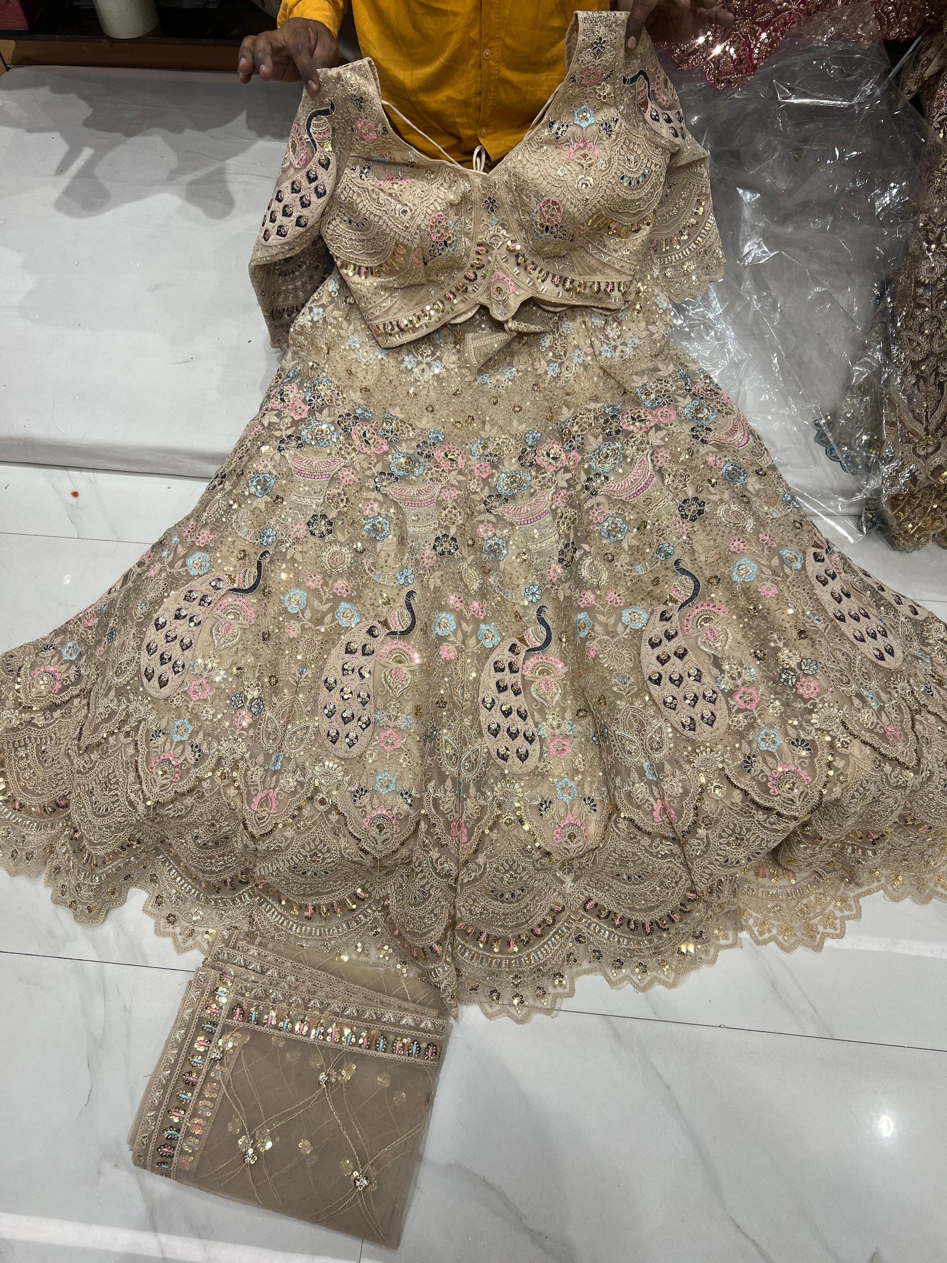 Green peacock crop top Mehendi Lehenga - Shopping World