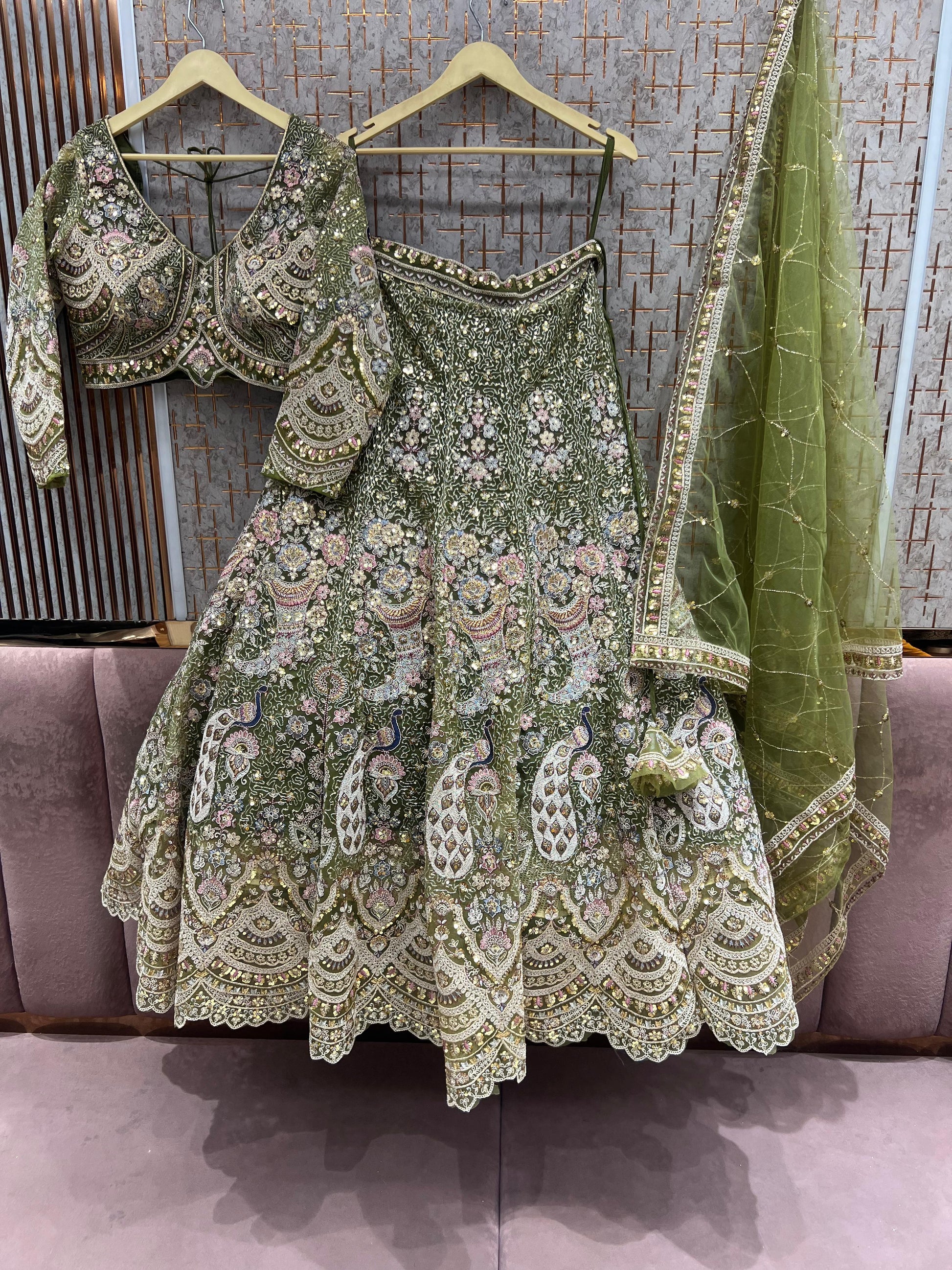 Green peacock crop top Mehendi Lehenga - Shopping World