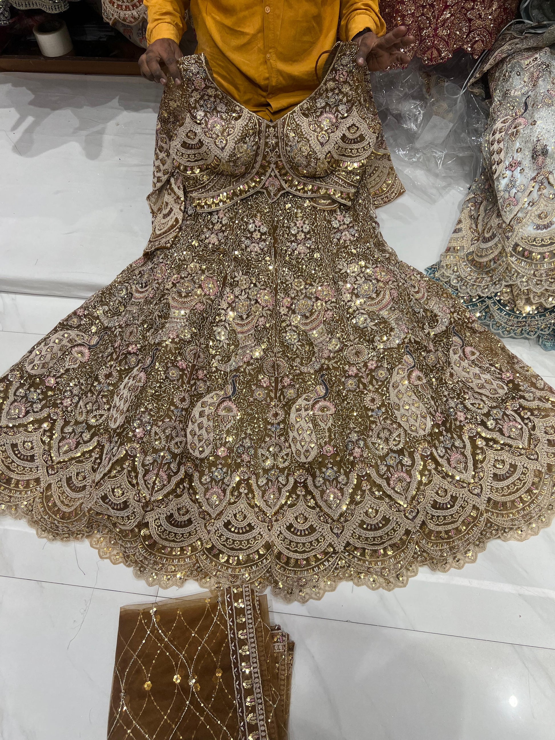 Green peacock crop top Mehendi Lehenga - Shopping World