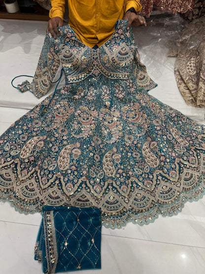 Green peacock crop top Mehendi Lehenga - Shopping World