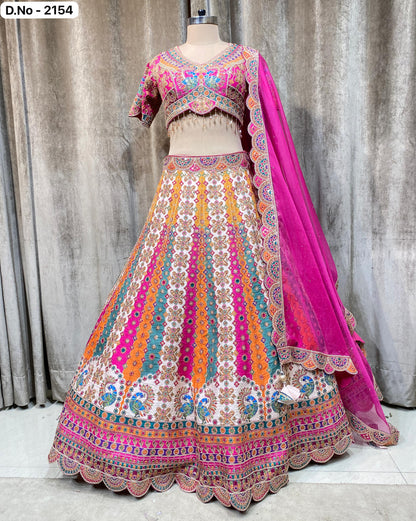 Hot pink Multicolour Crop top Lehenga