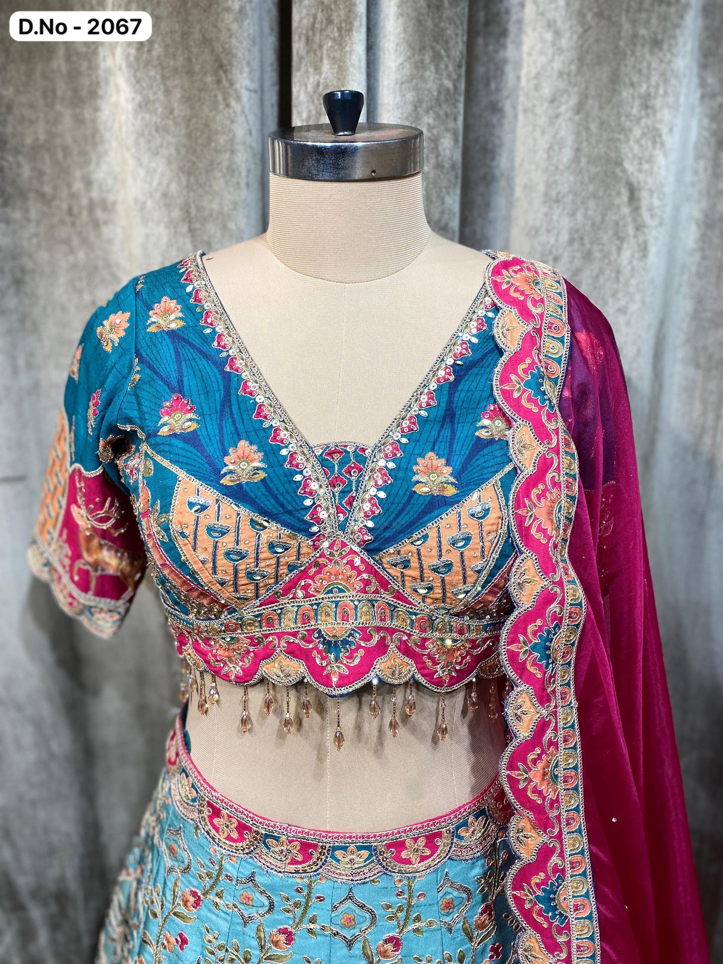 Blue silk position print Crop Top Lehenga