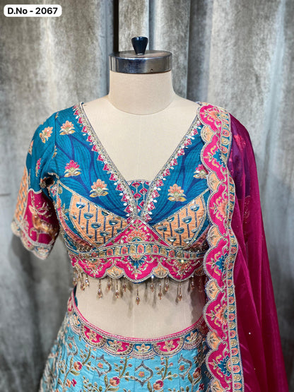 Blue silk position print Crop Top Lehenga