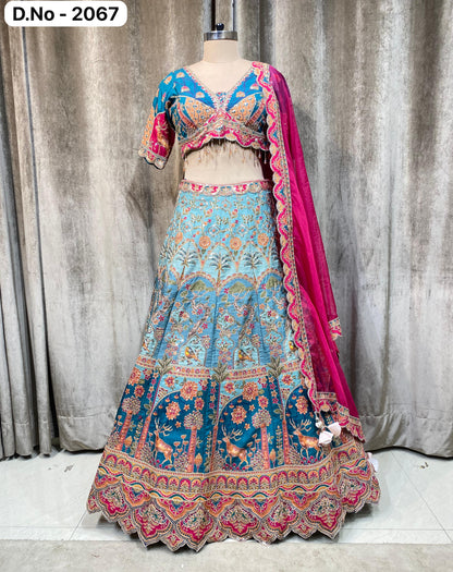 Blue silk position print Crop Top Lehenga