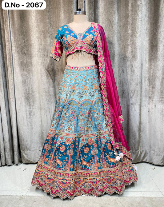 Blue silk position print Crop Top Lehenga