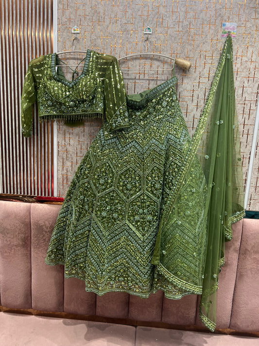 Green Monotone Crop Top Lehenga