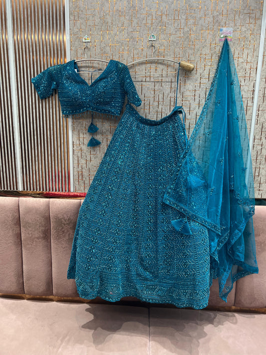 Teal Blue Monotone Crop Top Lehenga
