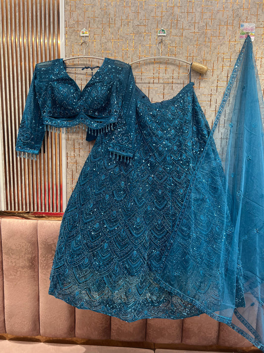 Teal Blue Monotone Crop Top Lehenga