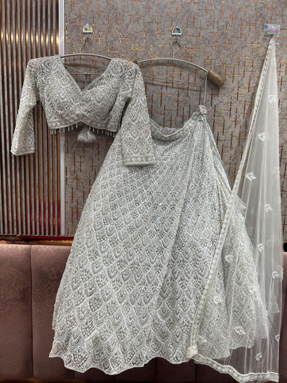 White Monotone Crop Top Lehenga