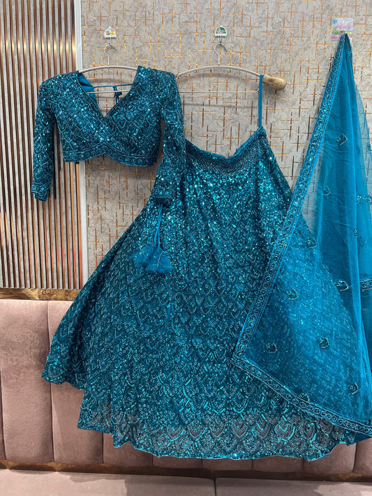 Teal Blue Monotone Crop Top Lehenga