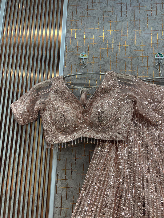 Beige Golden Monotone Crop Top Lehenga