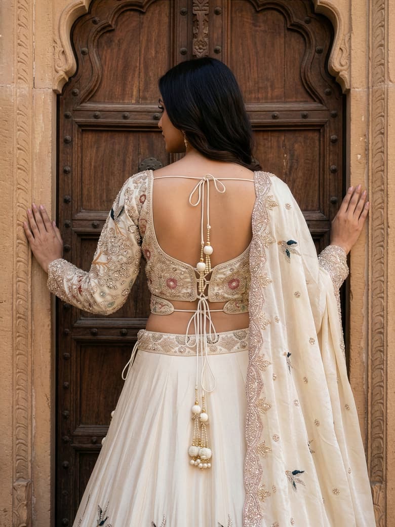 Designer white cream Ready to Wear crop top Lehenga - Shopping World