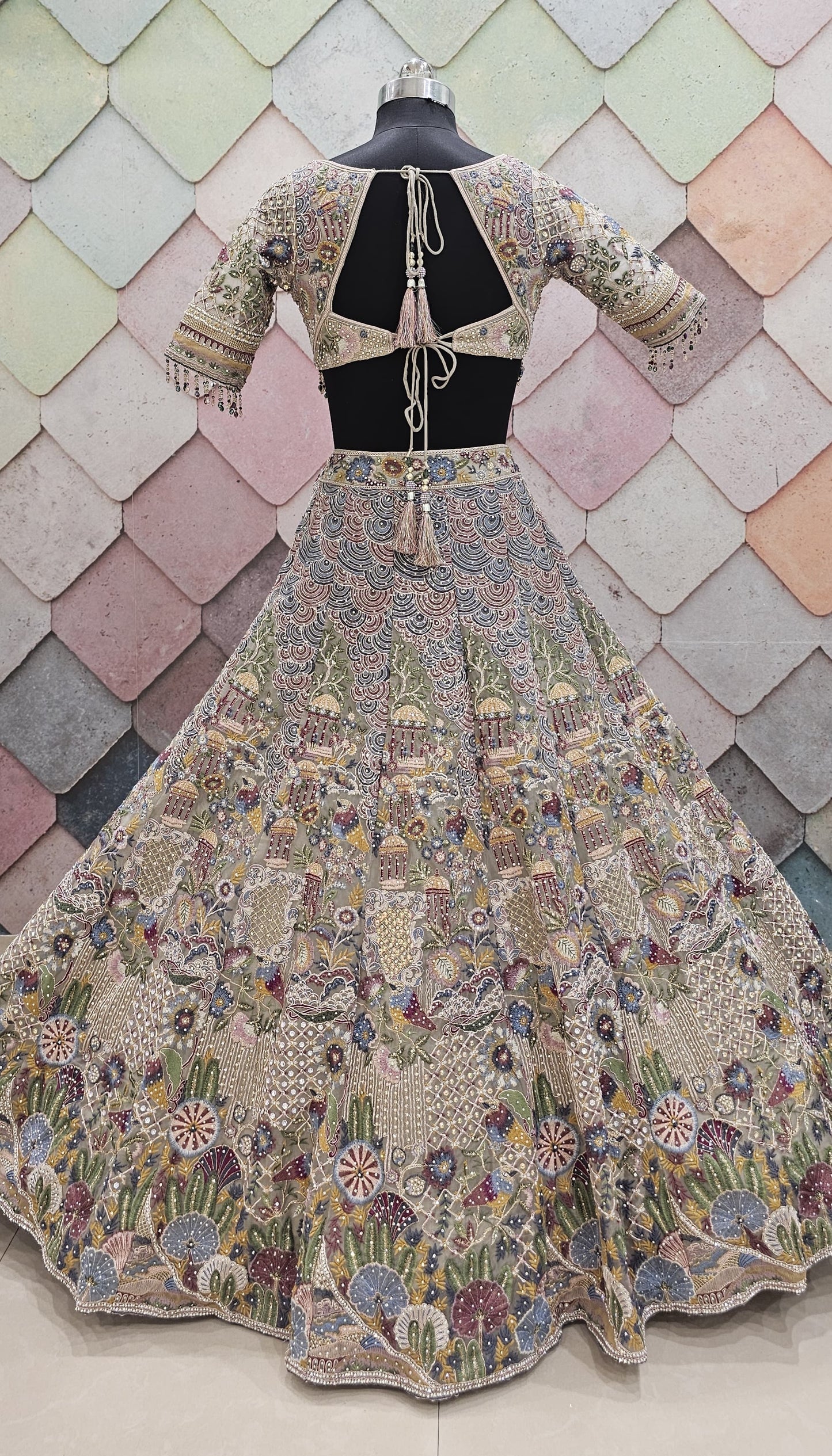 Multicolour Beige Crop top Lehenga