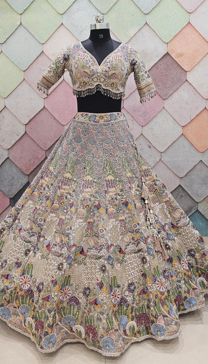 Multicolour Beige Crop top Lehenga