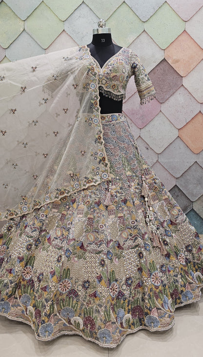 Multicolour Beige Crop top Lehenga