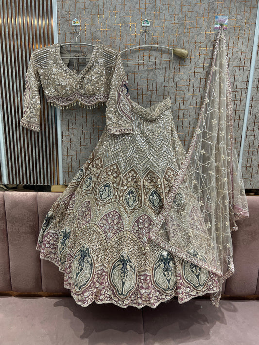 Beige golden Peacock Crop Top Lehenga