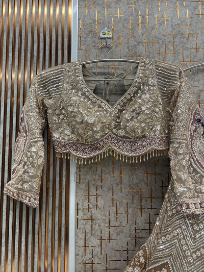 Beige golden Peacock Crop Top Lehenga